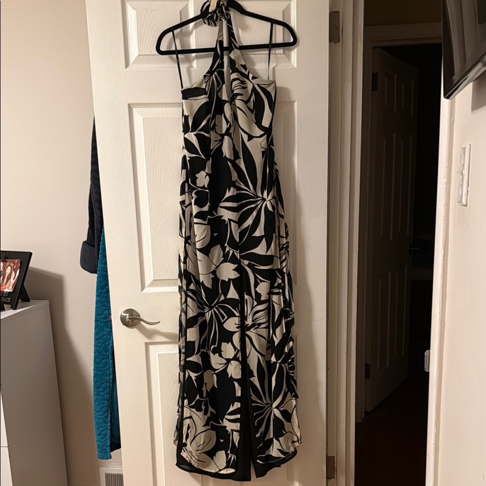 Elegant Black and Cream Floral Halter Dress